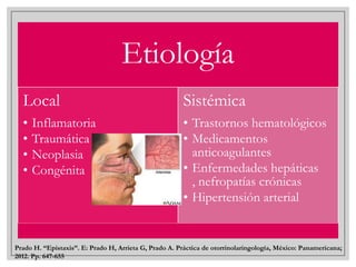 Etiología
Local

Sistémica

•
•
•
•

• Trastornos hematológicos
• Medicamentos
anticoagulantes
• Enfermedades hepáticas
, nefropatías crónicas
• Hipertensión arterial

Inflamatoria
Traumática
Neoplasia
Congénita

Prado H. “Epistaxis”. E: Prado H, Arrieta G, Prado A. Práctica de otorrinolaringología, México: Panamericana;
2012. Pp. 647-655

 