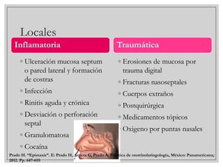 Locales
Inflamatoria

Traumática

◦ Ulceración mucosa septum
o pared lateral y formación
de costras

◦ Erosiones de mucosa por
trauma digital

◦ Infección

◦ Cuerpos extraños

◦ Rinitis aguda y crónica

◦ Postquirúrgica

◦ Desviación o perforación
septal

◦ Medicamentos tópicos

◦ Granulomatosa

◦ Fracturas nasoseptales

◦ Oxigeno por puntas nasales

◦ Cocaína
Prado H. “Epistaxis”. E: Prado H, Arrieta G, Prado A. Práctica de otorrinolaringología, México: Panamericana;
2012. Pp. 647-655

 
