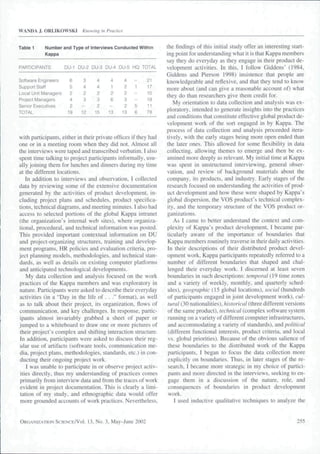 WANDA J. ORLIKOWSKI         Knowing in Practice


Table 1    Number and Type of Interviews Conducted Within        the findings of this initial study offer an interesting start-
           Kappa                                                 ing point for understanding what it is that Kappa members
                                                                 say they do everyday as they engage in their product de-
PARTICIPANTS          DU-1 DU-2 DU-3 DU-4 DU-5 HQ TOTAL          velopment activities. In this. I follow Giddens' (1984,
                                                                 Giddens and Pierson 1998) insistence that people are
Software Engineers      6    3      4     4       4 - 2 1        knowledgeable and reflexive, and that they tend to know
Support Staff           5    4      4      1    2   1   17       more about (and can give a reasonable account oO what
Local Unit Managers     2    2      2     2       2 - 1 0        they do than researchers give them credit for.
Project Managers        4    3      3     6     3   -   19
                                                                    My orientation to data collection and analysis was ex-
Senior Executives       2   -       2    -      2   5   11
                                                                 ploratory, intended to generate insights into the practices
TOTAL                  19   12     15    13    13   6   78
                                                                 and conditions that constitute effective global product de-
                                                                 velopment work of the sort engaged in by Kappa. The
                                                                 process of data collection and analysis proceeded itera-
with participants, either in their private offices if they had   tively. with the early stages being more open ended than
one or in a meeting room when they did not. Almost all           the later ones. This allowed for some flexibility in data
the interviews were taped and transcribed verbatim. 1 also       collecting, allowing themes to emerge and then be ex-
spent time talking to project participants informally, usu-      amined more deeply as relevant. My initial time at Kappa
ally joining them for lunches and dinners during my time         was spent in unstructured interviewing, general obser-
at the different locations.                                      vation, and review of background materials about the
    In addition to interviews and observation, I collected       company, its products, and industry. Early stages of the
data by reviewing some of the extensive documentation            research focused on understanding the activities of prod-
generated by the activities of product development, in-          uct development and how these were shaped by Kappa's
cluding project plans and schedules, product specifica-          global dispersion, the VOS product's technical complex-
tions, technical diagrams, and meeting minutes. I also had       ity, and the temporary structure of the VOS product or-
access to selected portions of the global Kappa intranet         ganizations.
(the organization's intemal web sites), where organiza-             As I came to better understand the context and com-
tional, procedural, and technical information was posted.        plexity of Kappa's product development, I became par-
This provided important contextual informalion on DU             ticularly aware of the importance of boundaries that
and project-organizing structures, training and develop-         Kappa members routinely traverse in their daily activities.
ment programs, HR policies and evaluation criteria, pro-         In their descriptions of their distributed product devel-
ject planning models, methodologies, and technical stan-         opment work. Kappa participants repeatedly referred to a
dards, as well as details on existing computer platforms         number of different boundaries that shaped and chal-
and anticipated technological developments.                      lenged their everyday work. I discerned at least seven
    My data collection and analysis focused on the work          boundaries in such descriptions: temporal (19 time zones
practices of the Kappa members and was exploratory in            and a variety of weekly, monthly, and quarterly sched-
nature. Participants were asked to describe their everyday       ules), geographic (15 global locations), social (hundreds
activities (in a "Day in the life of . . ." format), as well     of participants engaged in joint development work), cul-
as to talk about their project, its organization, fiows of       tural (30 nationalities), historical (three different versions
communication, and key challenges. In response, partic-          of the same product), technical (complex software system
 ipants almost invariably grabbed a sheet of paper or            running on a variety of different computer infrastructures,
jumped to a whiteboard to draw one or more pictures of           and accommodating a variety of standards), and political
 their project's complex and shifting interaction structure.     (different functional interests, product criteria, and local
 In addition, participants were asked to discuss their reg-      vs. global priorities). Because of the obvious salience of
 ular use of artifacts (software tools, communication me-        these boundaries to the distributed work of the Kappa
 dia, project plans, methodologies, standards, etc.) in con-     participants, I began to focus the data collection more
 ducting their ongoing project work.                             explicitly on boundaries. Thus, in later stages of the re-
    I was unable to participate in or observe project activ-     search, I became more strategic in my choice of partici-
 ities directly, thus my understanding of practices comes        pants and more directed in the interviews, seeking to en-
 primarily from interview data and from the traces of work       gage them in a discussion of the nature, role, and
 evident in project documentation. This is clearly a limi-       consequences of boundaries in product development
 tation of my study, and ethnographic data would offer           work.
 more grounded accounts of work practices. Nevertheless,            I used inductive qualitative techniques to analyze the


ORGANIZATION SCIENCEA/O1.        13, No. 3, May-June 2002                                                                  255
 