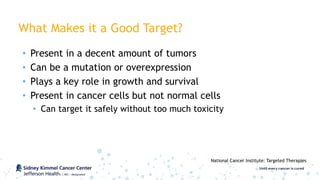 What Makes it a Good Target?
• Present in a decent amount of tumors
• Can be a mutation or overexpression
• Plays a key ro...