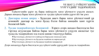 ҮЕ ШАТ 2: ГҮЙЦЭТГЭЛИЙН
ҮҮРГҮҮДИЙГ ТОДОРХОЙЛОХ
Гүйцэтгэлийн үүрэг нь бараа нийлүүлэх эсвэл үйлчилгээ үзүүлэх амлалт.
Дараах нөхцөлд бараа эсвэл үйлчилгээг тусдаа гүйцэтгэлийн үүрэгтэй гэж үзнэ:
1. Дангаараа өгөөж авчрах - Худалдан авагч бараа эсвэл үйлчилгээний үр
өгөөжийг дангаар нь эсвэл бусад бэлэн байгаа нөөцийн хамт хүртэх
боложтой байх
2. Тусдаа тодорхойлогдох боломжтой – Хэрвээ дээрх нөхцөл биелэгдсэн бол
гэрээнд агуулагдаж байгаа бараа эсвэл үйлчилгээ үзүүлэх амлалтыг тус
тусад нь тодорхойлох хэд хэдэн шинж тэмдэгүүд байна.
Бүтээгдэхүүн, үйлчилгээгээ нийлүүлэн борлуулах тохиолдол цөөн
Бүтээгдэхүүн, үйлчилгээ нь бусдыгаа төдийлөн их өөрчилдөггүй.
Бүтээгдэхүүн, үйлчилгээ нь бусдаасаа төдийлөн хамааралгүй
Дээрх нөхцөлүүд бүрэн биелэгдсэн үед гүйцэтгэлийн үүргүүдийг тусад нь тодорхойлно.
 