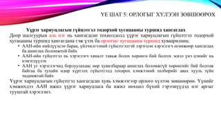ҮЕ ШАТ 5: ОРЛОГЫГ ХҮЛЭЭН ЗӨВШӨӨРӨХ
Үүрэг хариуцлагын гүйцэтгэл тодорхой хугацааны туршид хангагдах
Доор шалгуурын аль нэг нь хангагдсан тохиолдолд үүрэг хариуцлагын гүйцэтгэл тодорхой
хугацааны туршид хангагдана гэж үзэх ба орлогыг хугацааны туршид хуваарилана;
• ААН-ийн нийлүүлсэн бараа, үйлчилгээний гүйцэтгэлтэй зэрэгцэн хэрэглэгч өгөөжөөр хангагдах
ба ашиглах боломжтой байх
• ААН-ийн гүйцэтгэл нь хэрэглэгч хяналт тавьж болох хөрөнгө бий болгох эсвэл үнэ цэнийг нь
нэмэгдүүлэх
• ААН уг хэрэглэгчид борлуулахаас өөр хувилбараар ашиглах боломжгүй хөрөнгийг бий болгож
байгаа ба тухайн өдөр хүртэлх гүйцэтгэлд тохирох хэмжээний төлбөрийг авах хууль зүйн
чадамжтай байх
Үүрэг хариуцлагын гүйцэтгэл хангагдсан хувь хэмжээгээр орлого хүлээн зөвшөөрнө. Үүнийг
хэмжихдээ ААН ижил үүрэг хариуцлага ба ижил нөхцөл бүхий гэрээнүүдэд нэг аргыг
тууштай хэрэглэнэ.
 