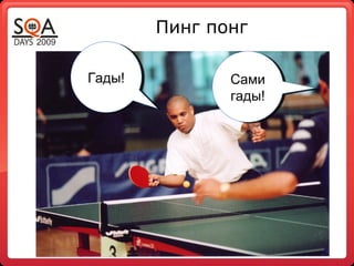 Пинг понг
БАГ!!!БАГ!!! Need
more
info!
Need
more
info!
More
info
More
info Not a
bug
Not a
bug
RTFM!RTFM! Will
not fix
Will
not fix
Гады!Гады! Сами
гады!
Сами
гады!
 