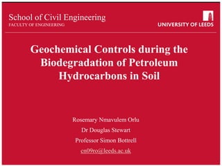 School of something
FACULTY OF OTHER
School of Civil Engineering
FACULTY OF ENGINEERING
Geochemical Controls during the
Biodegradation of Petroleum
Hydrocarbons in Soil
Rosemary Nmavulem Orlu
Dr Douglas Stewart
Professor Simon Bottrell
cn09ro@leeds.ac.uk
 