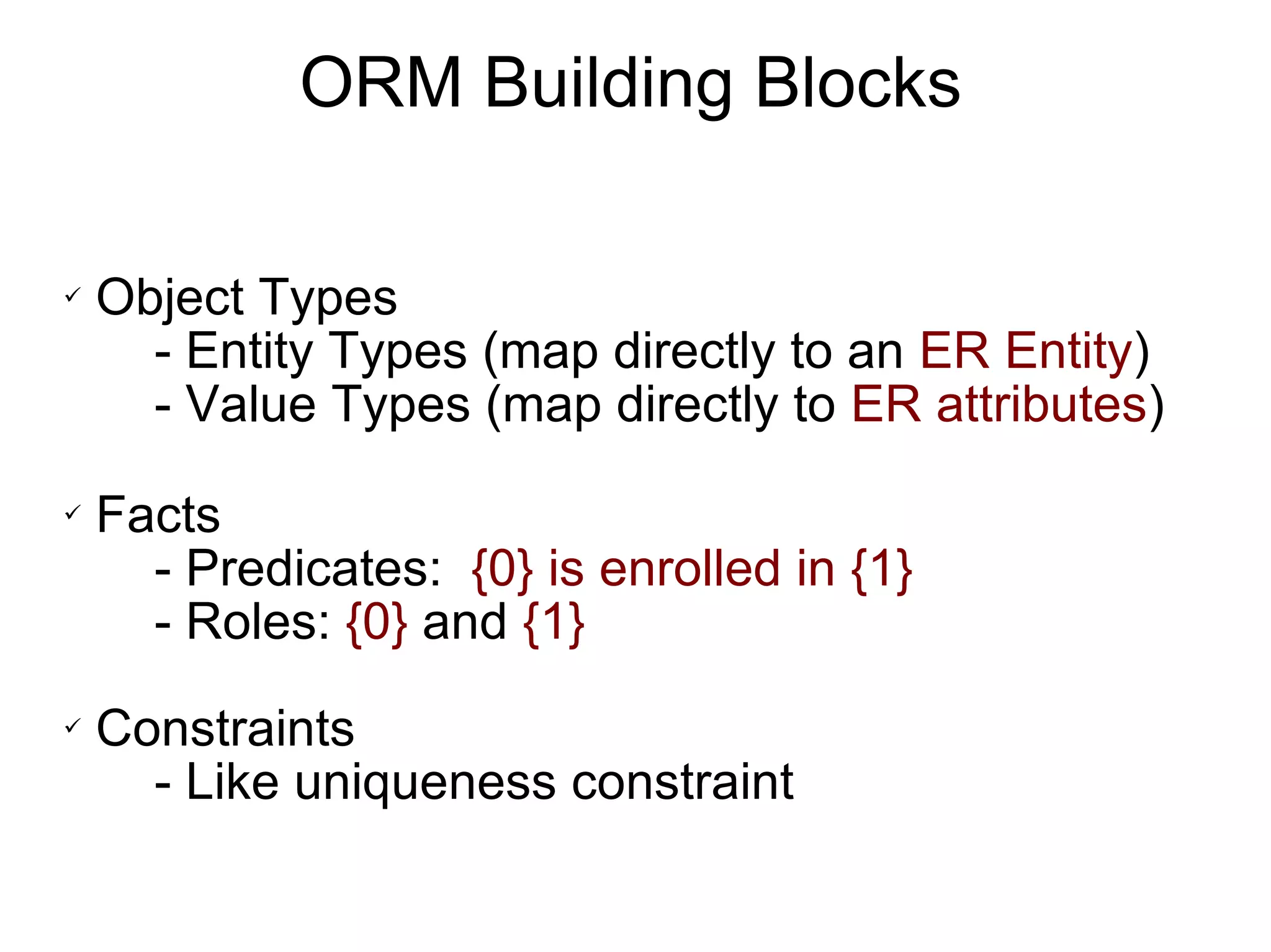 ORM Building Blocks Object Types - Entity Types (map directly to an  ER Entity ) - Value Types (map directly to  ER attributes ) Facts - Predicates:  {0} is enrolled in {1} - Roles:  {0}  and  {1} Constraints - Like uniqueness constraint 