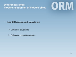 Différences entre  modèle relationnel et modèle objet ,[object Object],[object Object],[object Object]