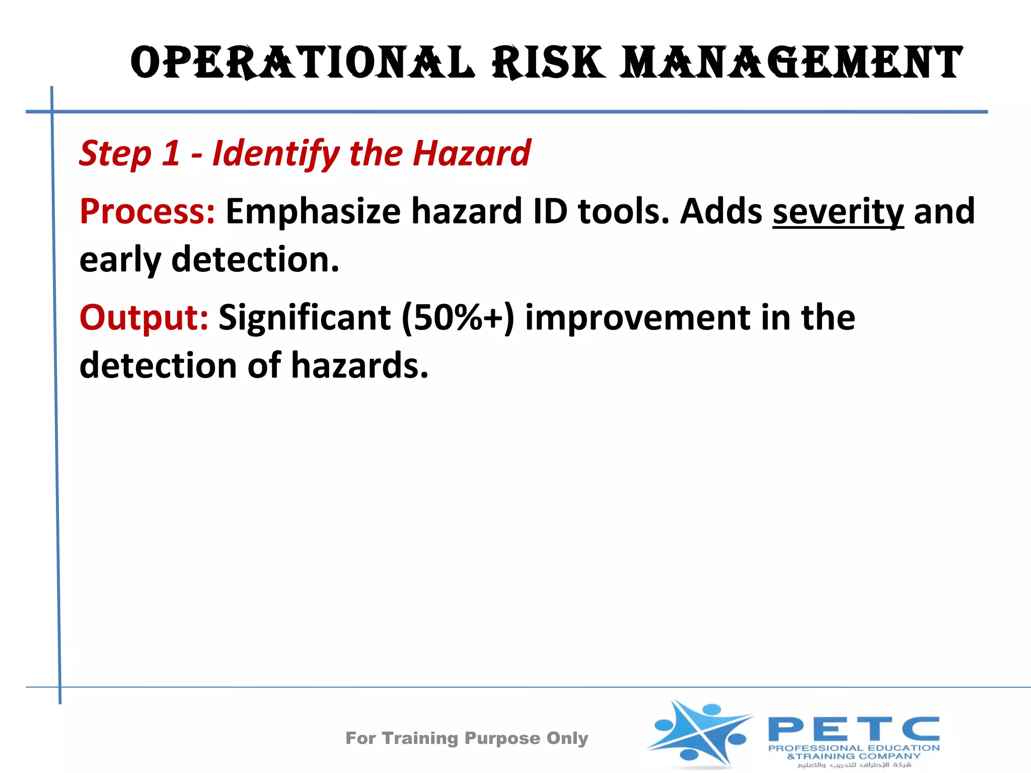 OPERATIONAl RISk MANAgEMENT
Step 1 - Identify the Hazard
Process: Emphasize hazard ID tools. Adds severity and
early detection.
Output: Significant (50%+) improvement in the
detection of hazards.




               For Training Purpose Only     32
 