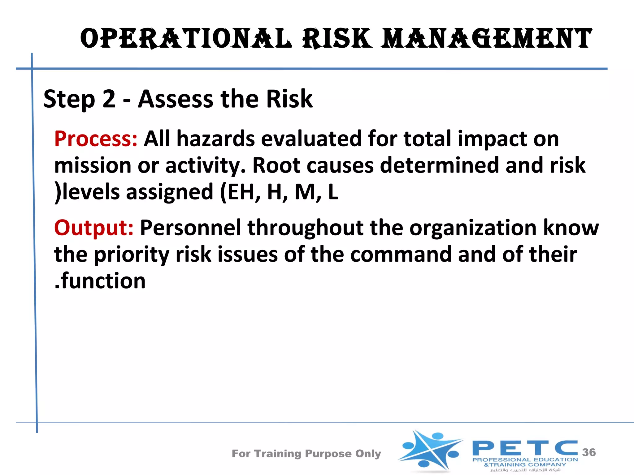 OPERATIONAl RISk MANAgEMENT

Step 2 - Assess the Risk
Process: All hazards evaluated for total impact on
mission or activity. Root causes determined and risk
(levels assigned (EH, H, M, L
Output: Personnel throughout the organization know
the priority risk issues of the command and of their
.function




                For Training Purpose Only         36
 