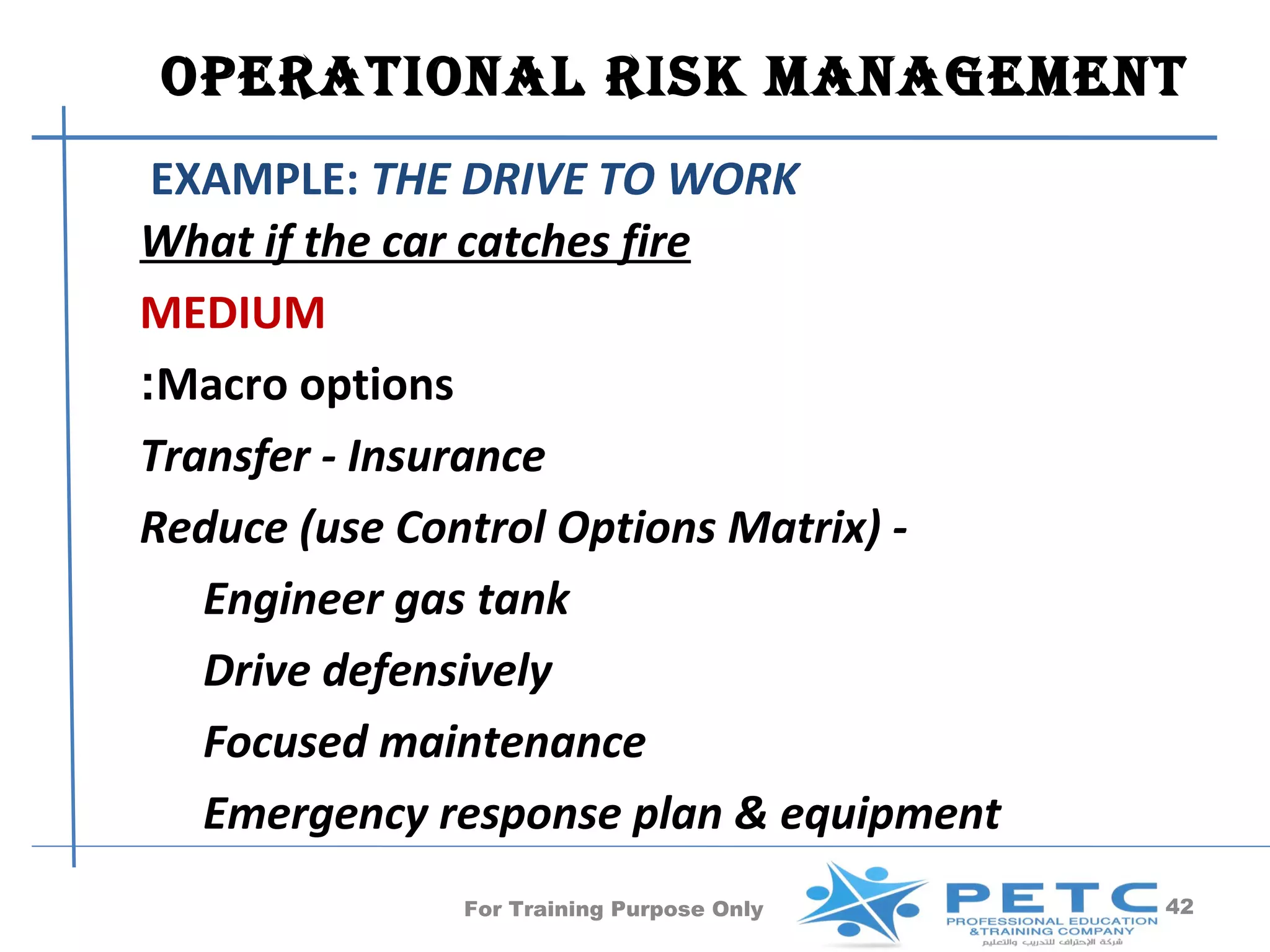 OperatiOnal risk ManageMent
 EXAMPLE: THE DRIVE TO WORK
What if the car catches fire
MEDIUM
:Macro options
Transfer - Insurance
Reduce (use Control Options Matrix) -
   Engineer gas tank
   Drive defensively
   Focused maintenance
   Emergency response plan & equipment
              For Training Purpose Only   42
 