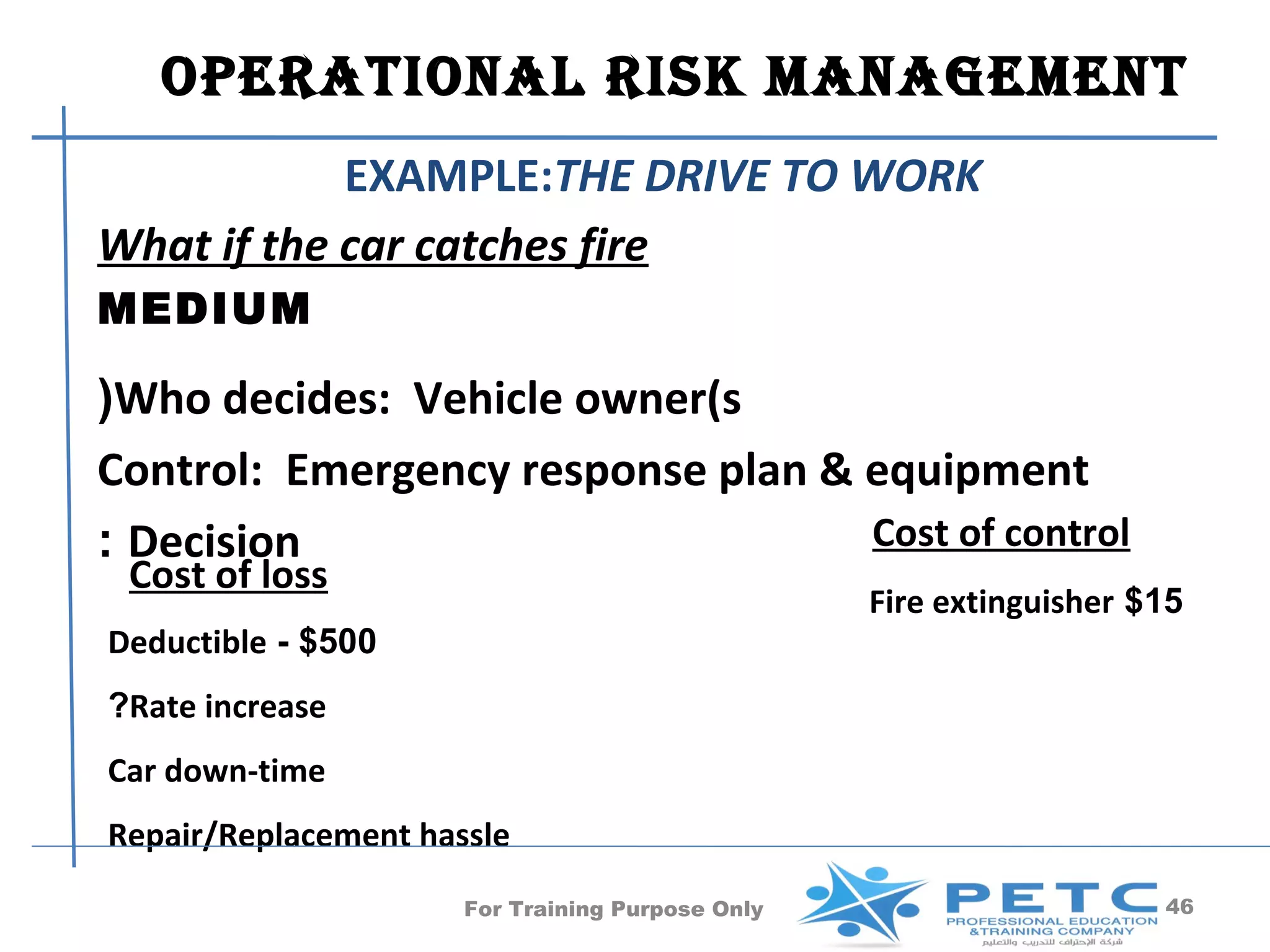 OperatiOnal risk ManageMent
            EXAMPLE:THE DRIVE TO WORK
What if the car catches fire
MEDIUM

(Who decides: Vehicle owner(s
Control: Emergency response plan & equipment
: Decision                         Cost of control
 Cost of loss
                                                  Fire extinguisher $15
Deductible - $500
?Rate increase
Car down-time
Repair/Replacement hassle
                      For Training Purpose Only                      46
 