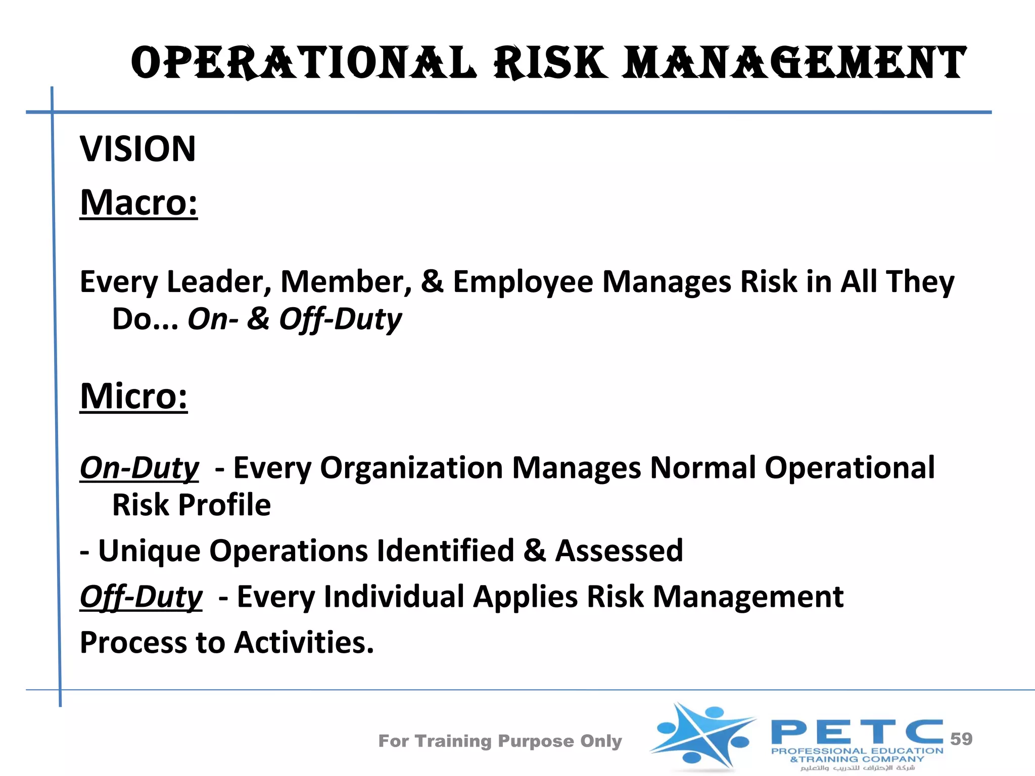 OperatiOnal risk ManageMent
VISION
Macro:
Every Leader, Member, & Employee Manages Risk in All They
  Do... On- & Off-Duty

Micro:
On-Duty - Every Organization Manages Normal Operational
   Risk Profile
- Unique Operations Identified & Assessed
Off-Duty - Every Individual Applies Risk Management
Process to Activities.

                   For Training Purpose Only              59
 
