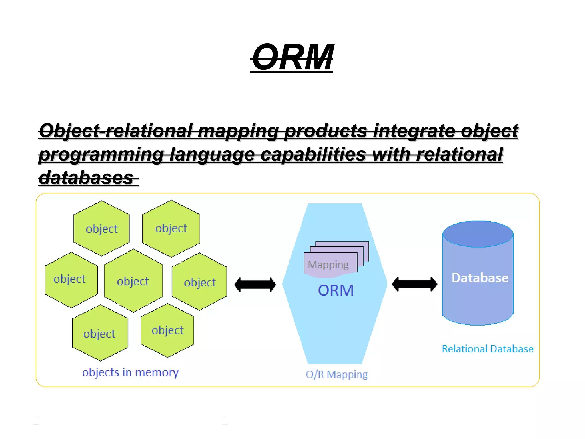 ORM
Object-relational mapping products integrate objectObject-relational mapping products integrate object
programming language capabilities with relationalprogramming language capabilities with relational
databasesdatabases
 
