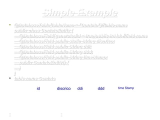 Simple ExampleSimple Example
• @DatabaseTable(tableName =@DatabaseTable(tableName = "Contato""Contato")//table name)//table name
public classpublic class ContatoEntity {ContatoEntity {
@DatabaseField(generatedId =@DatabaseField(generatedId = truetrue))public int idpublic int id; //field name; //field name
@DatabaseField@DatabaseField public staticpublic static StringString discricodiscrico;;
@DatabaseField@DatabaseField publicpublic StringString ddiddi;;
@DatabaseField@DatabaseField publicpublic StringString dddddd;;
@DatabaseField@DatabaseField publicpublic StringString timeStamptimeStamp;;
publicpublic ContatoEntity() {ContatoEntity() {
}}
}}
• table name Contatotable name Contato
id discrico ddi ddd time Stamp
 