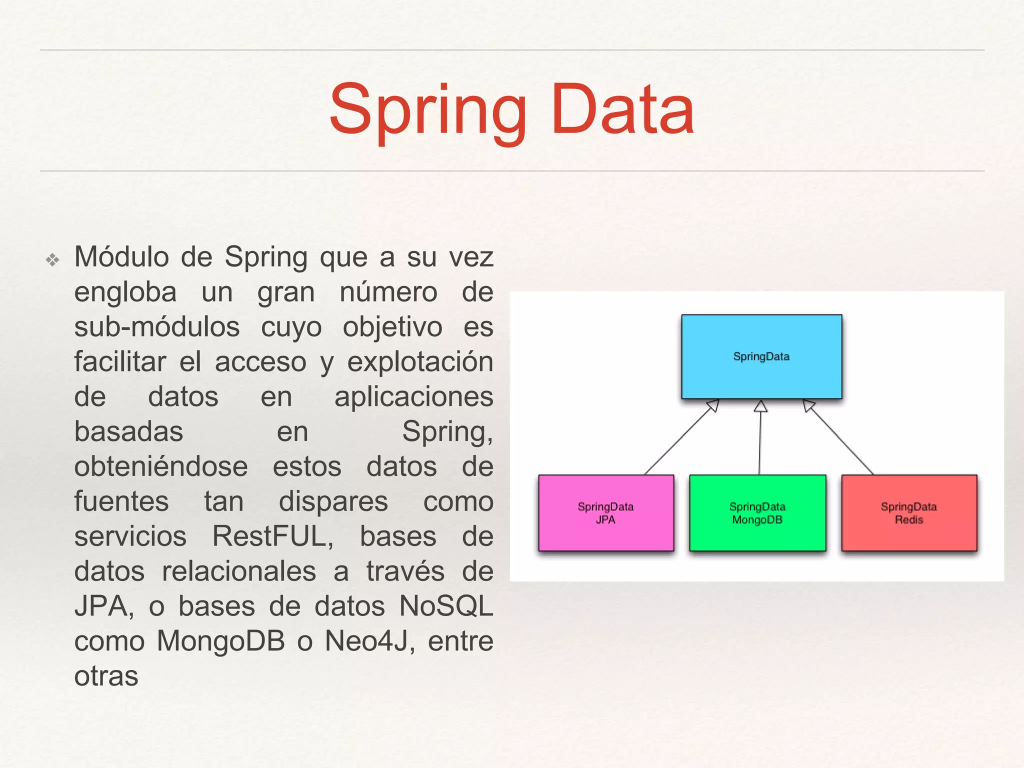 Spring Data
❖ Módulo de Spring que a su vez
engloba un gran número de
sub-módulos cuyo objetivo es
facilitar el acceso y explotación
de datos en aplicaciones
basadas en Spring,
obteniéndose estos datos de
fuentes tan dispares como
servicios RestFUL, bases de
datos relacionales a través de
JPA, o bases de datos NoSQL
como MongoDB o Neo4J, entre
otras
 