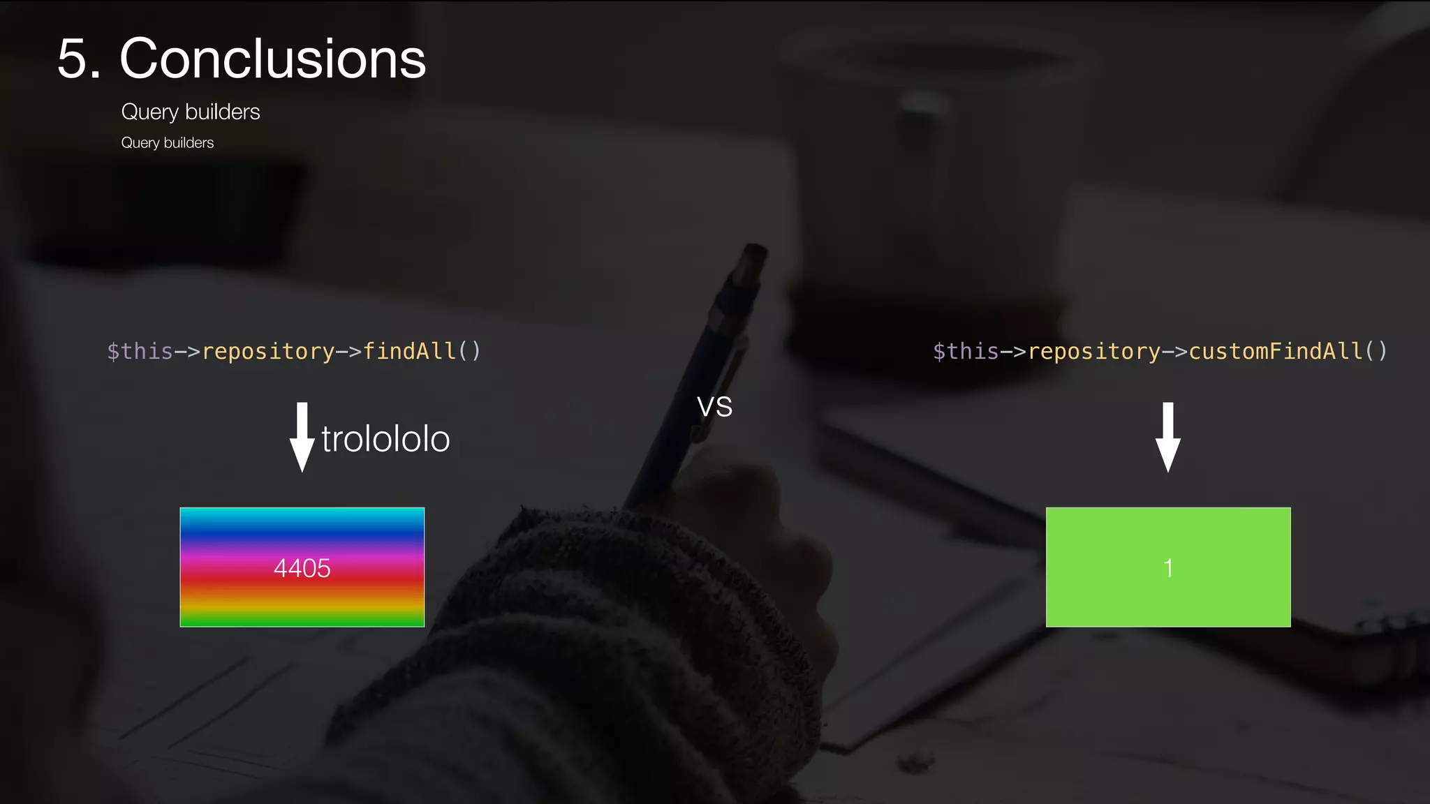 5. Conclusions
Query builders
Query builders
$this->repository->findAll()
4405
trolololo
vs
$this->repository->customFindAll()
1
 