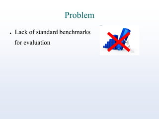 Problem
●

Lack of standard benchmarks

for evaluation

 