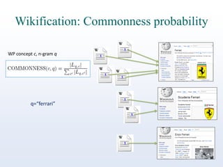 Wikification: Commonness probability
WP concept c, n-gram q

q=“ferrari”

 