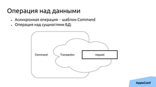Операция над данными
● Асинхронная операция — шаблон Command
● Операция над сущностями БД:
 
