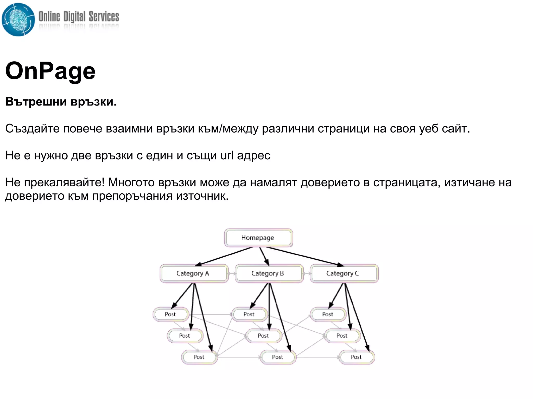 Вътрешни връзки.
Създайте повече взаимни връзки към/между различни страници на своя уеб сайт.
Не е нужно две връзки с един и същи url адрес
Не прекалявайте! Многото връзки може да намалят доверието в страницата, изтичане на
доверието към препоръчания източник.
OnPage
 