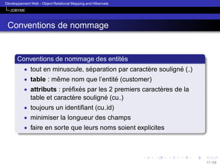 ´
Developpement Web - Object Relational Mapping and Hibernate
JOBYME

Conventions de nommage

´
Conventions de nommage des entites
• tout en minuscule, separation par caractere souligne ( )
´
`
´
• table : meme nom que l’entite (customer)
ˆ
´
• attributs : preﬁxes par les 2 premiers caracteres de la
´ ´
`

`
´
table et caractere souligne (cu )
• toujours un identiﬁant (cu id)
• minimiser la longueur des champs
• faire en sorte que leurs noms soient explicites

17 / 58

 