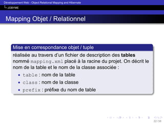 ´
Developpement Web - Object Relational Mapping and Hibernate
JOBYME

Mapping Objet / Relationnel

Mise en correspondance objet / tuple
´
´
realisee au travers d’un ﬁchier de description des tables
´
´ `
´
nomme mapping.xml place a la racine du projet. On decrit le
´
nom de la table et le nom de la classe associee :
• table : nom de la table
• class : nom de la classe
• prefix : preﬁxe du nom de table
´

22 / 58

 