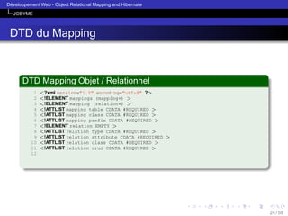 ´
Developpement Web - Object Relational Mapping and Hibernate
JOBYME

DTD du Mapping

DTD Mapping Objet / Relationnel
1
2
3
4
5
6
7
8
9
10
11
12

<?xml version="1.0" encoding="utf-8" ?>
<!ELEMENT mappings (mapping+) >
<!ELEMENT mapping (relation*) >
<!ATTLIST mapping table CDATA #REQUIRED >
<!ATTLIST mapping class CDATA #REQUIRED >
<!ATTLIST mapping prefix CDATA #REQUIRED >
<!ELEMENT relation EMPTY >
<!ATTLIST relation type CDATA #REQUIRED >
<!ATTLIST relation attribute CDATA #REQUIRED >
<!ATTLIST relation class CDATA #REQUIRED >
<!ATTLIST relation crud CDATA #REQUIRED >

24 / 58

 