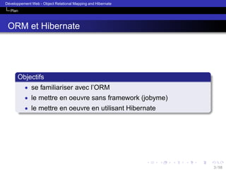 ´
Developpement Web - Object Relational Mapping and Hibernate
Plan

ORM et Hibernate

Objectifs
• se familiariser avec l’ORM
• le mettre en oeuvre sans framework (jobyme)
• le mettre en oeuvre en utilisant Hibernate

3 / 58

 