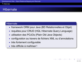 ´
Developpement Web - Object Relational Mapping and Hibernate
Hibernate

Hibernate

Hibernate
• framework ORM pour Java (BD Relationnelles et Objet)
• requetes pour CRUD (HQL Hibernate Query Language)
ˆ
• utilisation des POJOs (Plain Old Java Objects)
• conﬁguration au travers de ﬁchiers XML ou d’annotations
• tres fortement conﬁgurable
`
• tres difﬁcile a maˆtriser !
`
`
ı

33 / 58

 