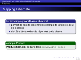 ´
Developpement Web - Object Relational Mapping and Hibernate
Hibernate

Mapping Hibernate

ﬁchier Mapping NomClasse.hbm.xml
• permet de faire le lien entre les champs de la table et ceux

de la classe
• doit etre declare dans le repertoire de la classe
ˆ
´
´
´

example Product
´
´
Product.hbm.xml declare dans com.mysite.model

36 / 58

 