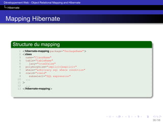 ´
Developpement Web - Object Relational Mapping and Hibernate
Hibernate

Mapping Hibernate

Structure du mapping
1
2
3
4
5
6
7
8
9
10
11
12
13

<hibernate-mapping package="PackageName">
<class
name="ClassName"
table="tableName"
lazy="true|false"
polymorphism="implicit|explicit"
where="arbitrary sql where condition"
rowid="rowid"
subselect="SQL expression"
...
>
...
</hibernate-mapping>

38 / 58

 