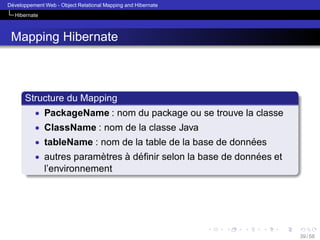 ´
Developpement Web - Object Relational Mapping and Hibernate
Hibernate

Mapping Hibernate

Structure du Mapping
• PackageName : nom du package ou se trouve la classe
• ClassName : nom de la classe Java
• tableName : nom de la table de la base de donnees
´
• autres parametres a deﬁnir selon la base de donnees et
`
` ´
´

l’environnement

39 / 58

 
