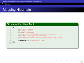 ´
Developpement Web - Object Relational Mapping and Hibernate
Hibernate

Mapping Hibernate

Structure d’un identiﬁant
1 <id
2
3
4
5
6
7
8
9
10 </id>
11

name="propertyName"
type="typename"
column="column name"
unsaved-value="null|any|none|undefined|id value"
access="field|property|ClassName">
node="element-name|@attribute-name|element/@attribute|."
<generator class="generatorClass"/>

41 / 58

 