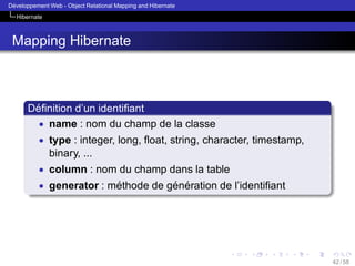 ´
Developpement Web - Object Relational Mapping and Hibernate
Hibernate

Mapping Hibernate

´
Deﬁnition d’un identiﬁant
• name : nom du champ de la classe
• type : integer, long, ﬂoat, string, character, timestamp,

binary, ...
• column : nom du champ dans la table
• generator : methode de generation de l’identiﬁant
´
´ ´

42 / 58

 
