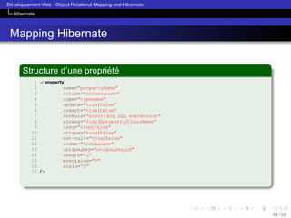 ´
Developpement Web - Object Relational Mapping and Hibernate
Hibernate

Mapping Hibernate
´ ´
Structure d’une propriete
1 <property
2
name="propertyName"
3
column="column name"
4
type="typename"
5
update="true|false"
6
insert="true|false"
7
formula="arbitrary SQL expression"
8
access="field|property|ClassName"
9
lazy="true|false"
10
unique="true|false"
11
not-null="true|false"
12
index="index name"
13
unique key="unique key id"
14
length="L"
15
precision="P"
16
scale="S"
17 />

44 / 58

 