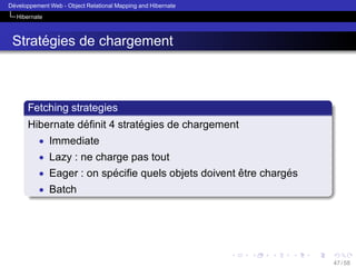 ´
Developpement Web - Object Relational Mapping and Hibernate
Hibernate

´
Strategies de chargement

Fetching strategies
´
´
Hibernate deﬁnit 4 strategies de chargement
• Immediate
• Lazy : ne charge pas tout
• Eager : on speciﬁe quels objets doivent etre charges
´
ˆ
´
• Batch

47 / 58

 