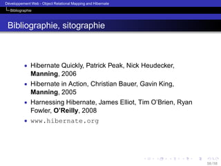 ´
Developpement Web - Object Relational Mapping and Hibernate
Bibliographie

Bibliographie, sitographie

• Hibernate Quickly, Patrick Peak, Nick Heudecker,

Manning, 2006
• Hibernate in Action, Christian Bauer, Gavin King,

Manning, 2005
• Harnessing Hibernate, James Elliot, Tim O’Brien, Ryan

Fowler, O’Reilly, 2008
• www.hibernate.org

58 / 58

 