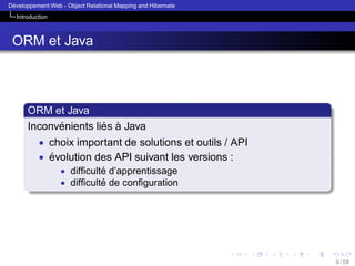 ´
Developpement Web - Object Relational Mapping and Hibernate
Introduction

ORM et Java

ORM et Java
´
´ `
Inconvenients lies a Java
• choix important de solutions et outils / API
• evolution des API suivant les versions :
´
• difﬁculte d’apprentissage
´
• difﬁculte de conﬁguration
´

9 / 58

 