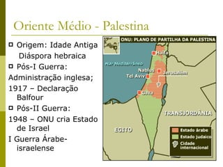 Oriente Médio - Palestina Origem: Idade Antiga Diáspora hebraica Pós-I Guerra: Administração inglesa; 1917 – Declaração Balfour Pós-II Guerra: 1948 – ONU cria Estado de Israel I Guerra Árabe-israelense 