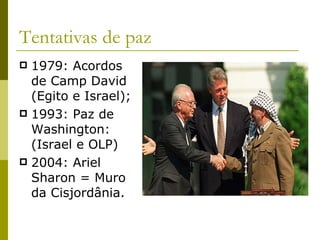 Tentativas de paz 1979: Acordos de Camp David (Egito e Israel); 1993: Paz de Washington: (Israel e OLP) 2004: Ariel Sharon = Muro da Cisjordânia. 