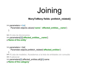 Joining
ManyToMany fields: prefetch_related()
>> parameters = list(
Parameter.objects.values(‘name', ‘affected_entities__n...