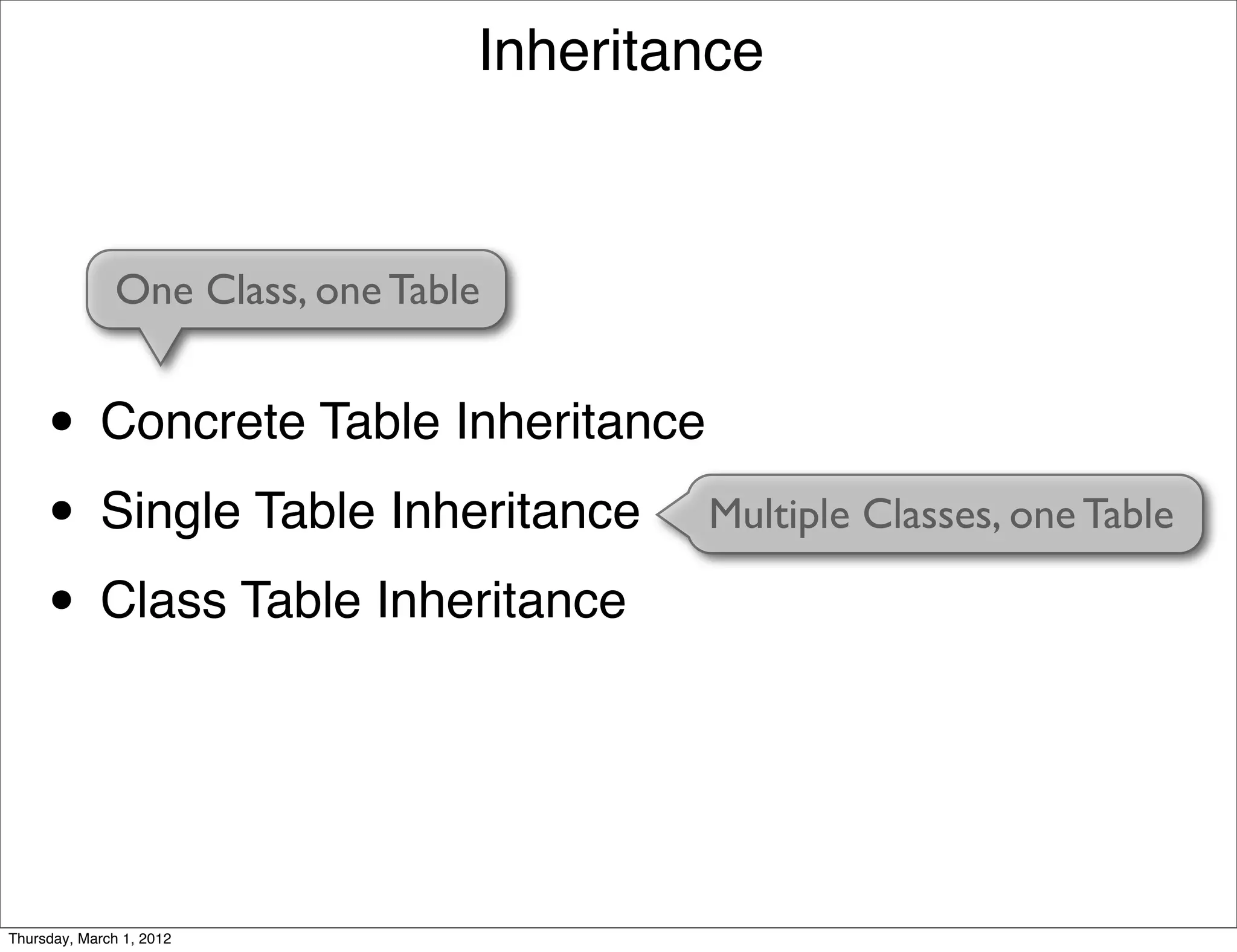 Inheritance



               One Class, one Table


     • Concrete Table Inheritance
     • Single Table Inheritance Multiple Classes, one Table
     • Class Table Inheritance


Thursday, March 1, 2012
 