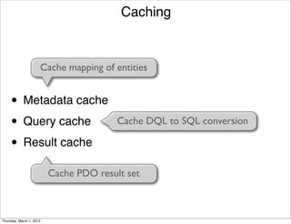 Caching


                      Cache mapping of entities


     • Metadata cache
     • Query cache                       Cache DQL to SQL conversion

     • Result cache
                          Cache PDO result set



Thursday, March 1, 2012
 