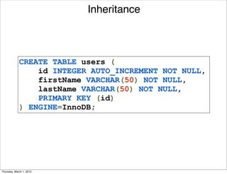 Inheritance



             CREATE TABLE users (
                 id INTEGER AUTO_INCREMENT NOT NULL,
                 firstName VARCHAR(50) NOT NULL,
                 lastName VARCHAR(50) NOT NULL,
                 PRIMARY KEY (id)
             ) ENGINE=InnoDB;




Thursday, March 1, 2012
 