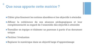 +
n Cibler plus finement les notions abordées et les objectifs à atteindre
n Affiner la cohérence de ses séances pédagogiques et leur
complémentarité au regard de l’ensemble des objectifs à atteindre
n Travailler en équipe et élaborer un parcours à partir d’un document
unique                   
n Faciliter l’évaluation
n Replacer le numérique dans un objectif large d’apprentissage
Que nous apporte cette matrice ?
 