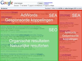 Verkoop 1. Search Engine Marketing Organische resultaten Natuurlijke resultaten AdWords Gesponsorde koppelingen AdWords Gesponsorde koppelingen SEA SEO SEA 