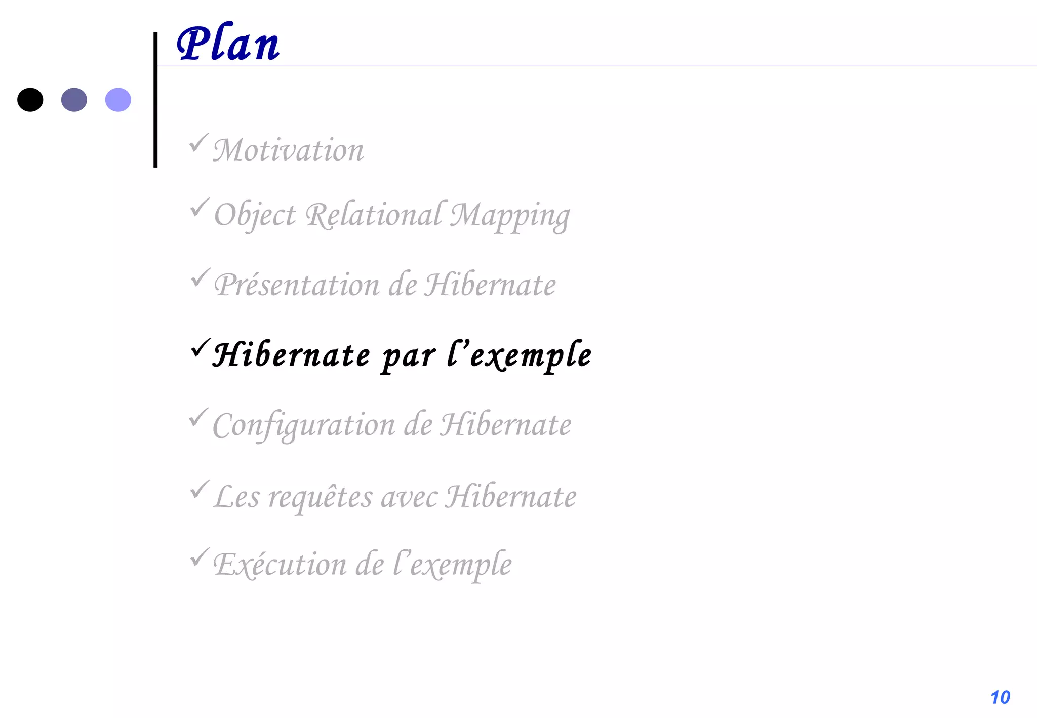 Plan Motivation Configuration de Hibernate Présentation de Hibernate Object Relational Mapping Hibernate par l’exemple Les requêtes avec Hibernate Exécution de l’exemple 10 