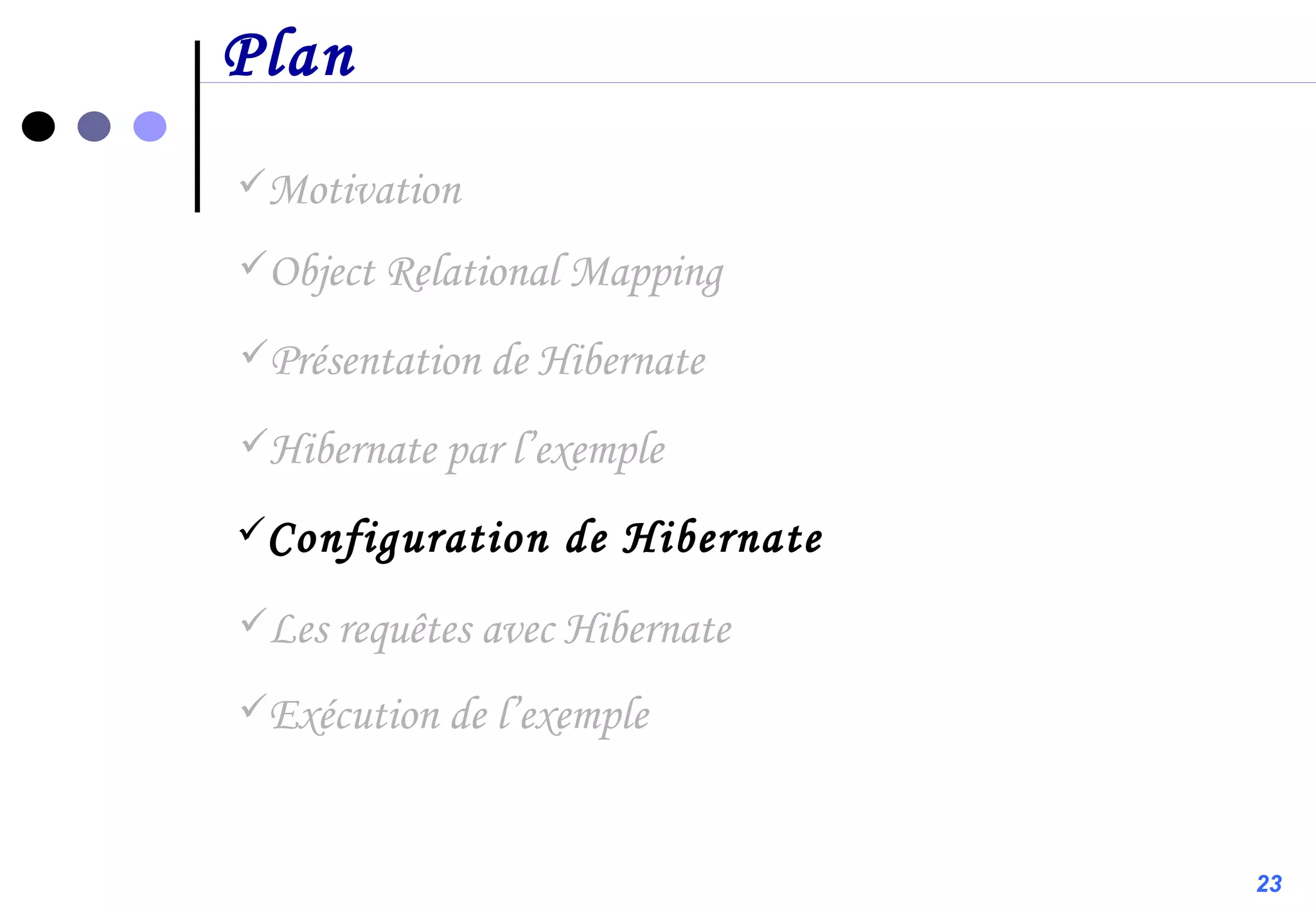 Plan Motivation Configuration de Hibernate Présentation de Hibernate Object Relational Mapping Hibernate par l’exemple Les requêtes avec Hibernate Exécution de l’exemple 23 