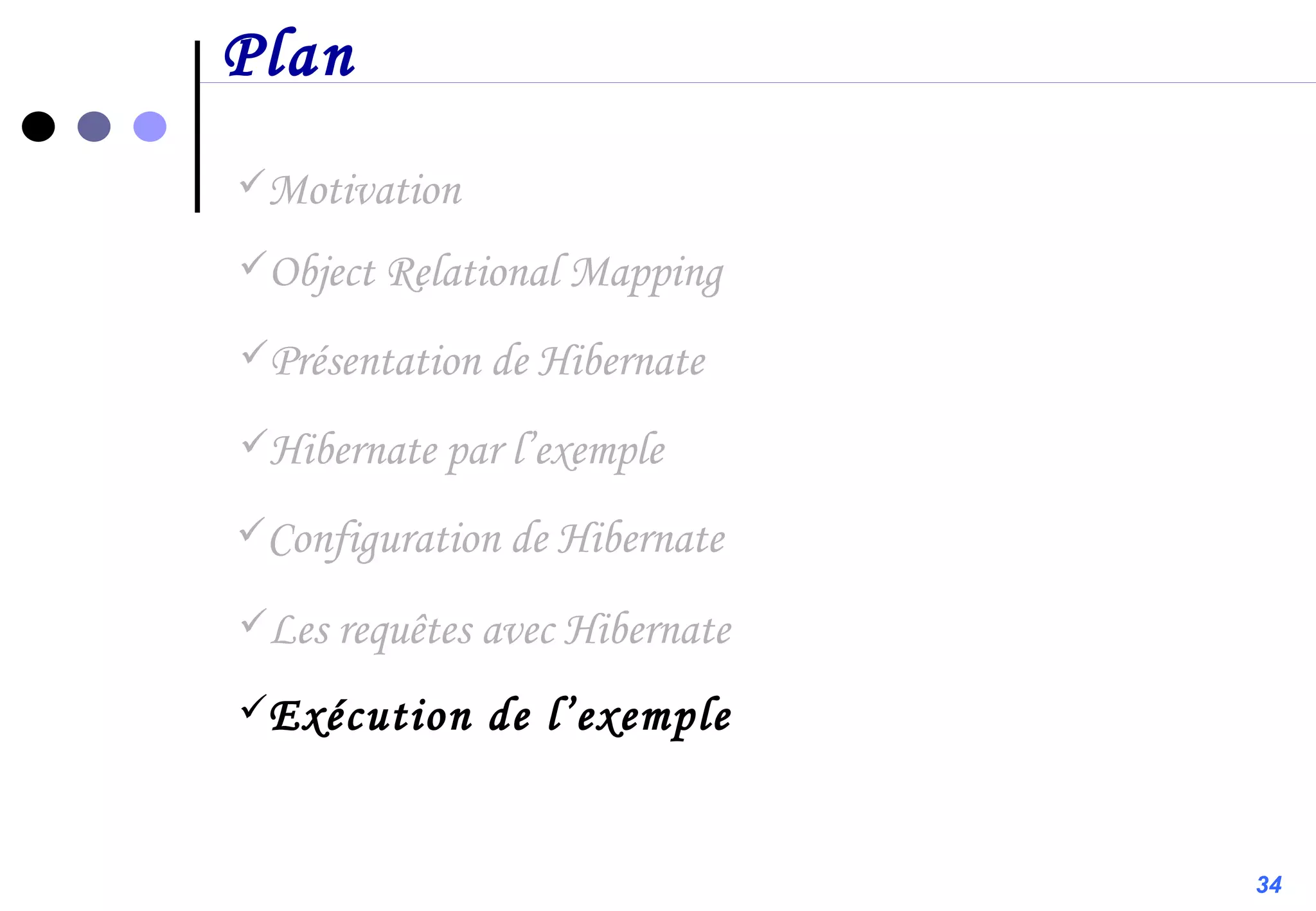 Plan Motivation Configuration de Hibernate Présentation de Hibernate Object Relational Mapping Hibernate par l’exemple Les requêtes avec Hibernate Exécution de l’exemple 34 