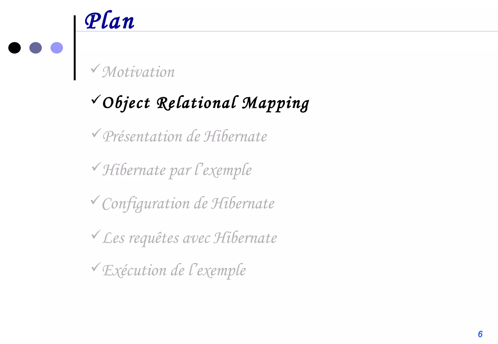 Plan Motivation Configuration de Hibernate Présentation de Hibernate Object Relational Mapping Hibernate par l’exemple Les requêtes avec Hibernate Exécution de l’exemple 6 