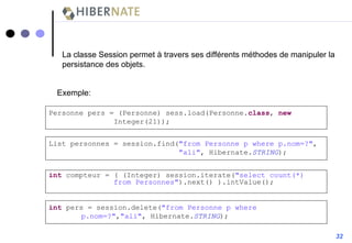 32 La classe Session permet à travers ses différents méthodes de manipuler la persistance des objets. List personnes = session.find( "from Personne p where p.nom=?" , "ali" , Hibernate. STRING ); int  compteur = ( (Integer) session.iterate( "select count(*)  from Personnes" ).next() ).intValue(); int  pers = session.delete( "from Personne p where  p.nom=?" , "ali" , Hibernate. STRING ); Personne pers = (Personne) sess.load(Personne. class ,  new   Integer(21)); Exemple: 